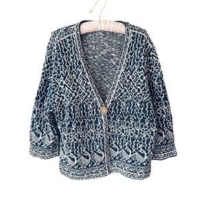 Coldwater Creek Women’s Blue/White Geometric Knit 3/4 Sleeve Cardigan Size L